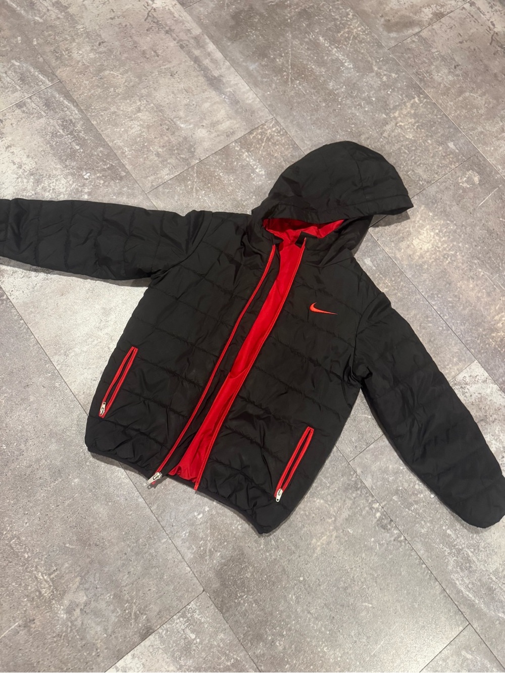 Nike Black Hooded Puffer Jacket with Red Accents
